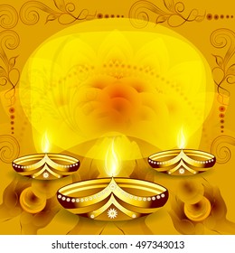 Creative illuminated Oil Lamps (Diya) on floral design decorated background, Elegant greeting card for Indian Festival of Lights, Happy Diwali celebration.