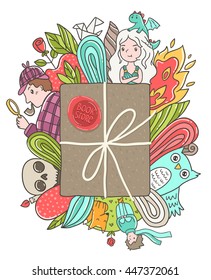 Creative illustration about incredible worlds of literature. Book store wax stamp. Conceptual drawing of reading.