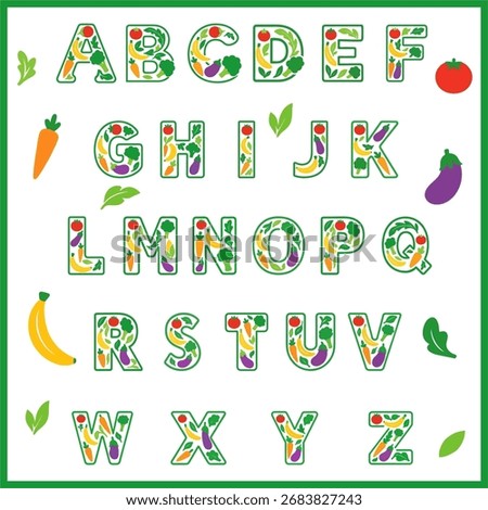 Creative illustration of the alphabet A-Z made entirely from colorful fruits and vegetables, including tomato, broccoli, banana, eggplant, carrot, and leafy greens.