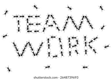 Ilustração criativa de formigas que formam a palavra "TEAM WORK". Simboliza colaboração, unidade e trabalho árduo. Perfeito para negócios, trabalho em equipe ou conceitos motivacionais