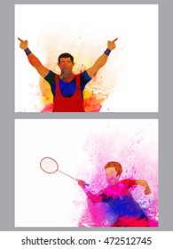 Creative illustration of  Badminton and Winner Player made by watercolor splash, Abstract Sports background with space for text, Can be used as Template, Brochure, Flyer design.