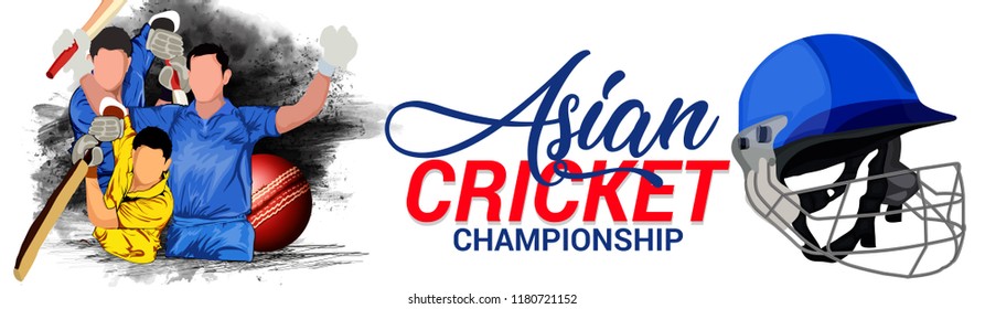 Creative illustration  banner for Asian cricket championship banner with cricket player waving his bat on night background.