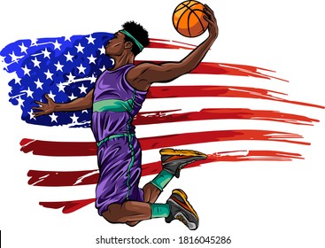 Creative illustration of a Basketball Player on American Flag colors background