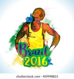 Kreative Illustration des Basketballspielers auf abstraktem bunter Hintergrund für Brasilien 2016, Games-Konzept.