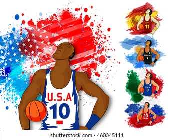 Creative illustration of a Basketball Player on American Flag colors background, Can be used as Poster, Banner or Flyer design for Sports concept.