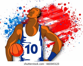 Creative illustration of a Basketball Player on American Flag colors background, Can be used as Poster, Banner or Flyer design for Sports concept.