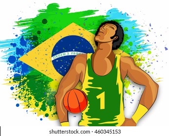 Kreative Illustration eines Basketballspielers auf brasilianischem Hintergrund für das Sportkonzept.