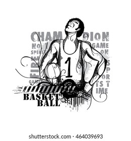 Ilustración creativa de un jugador de baloncesto sobre fondo abstracto, puede ser usada como afiche, pancarta o diseño de volante para el concepto de deportes.