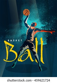 Ilustración creativa del jugador de baloncesto en la acción sobre el elegante fondo azul abstracto para el concepto de Deportes.