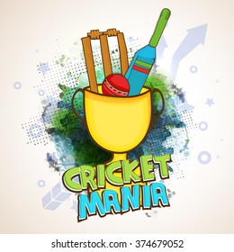 Creative illustration of Bat, Ball and Wicket Stumps in big Winning Cup on abstract background for Cricket Mania.