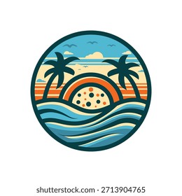 Ilustración creativa de una puesta de sol en la playa con el sol representado como una pizza, mezclando el humor de la comida con una escena surrealista junto al mar. Concepto juguetón e imaginativo adecuado para carteles, diseños de camisetas