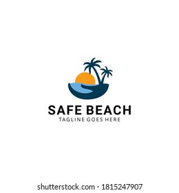 Creative illustration beauty beach with hand sign modern minimalist  logo design Vector
