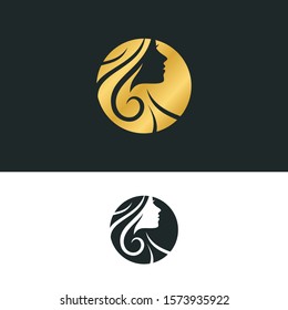 Creative Illustration Beauty Women And Hair For Salon Logo Design With Circle shape