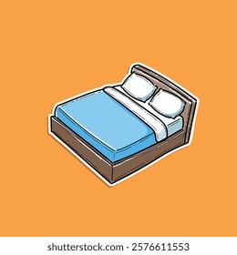 A creative illustration of a bed featuring a wooden frame and blue bedding on an orange backdrop. Ideal for themes of rest, comfort, interior design, and playful icons.