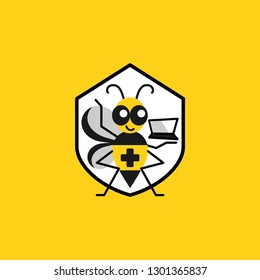 Creative illustration of a bee protecting a gadget. Vector image.