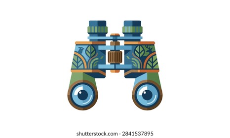 A creative illustration of binoculars featuring decorative plant motifs and human-like eyes inside the lens area isolated on white