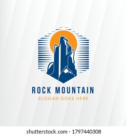 Creative Illustration of blue rock Mountain Logo Design template. The combination between hexagon, sun and mountain. Retro style. 