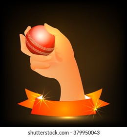 Creative illustration of bowler hand holding ball with glossy blank ribbon for Cricket Sports concept.