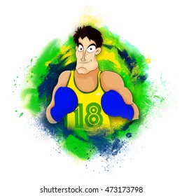 Creative illustration of a Boxing Player on Brazilian Flag colors abstract background for Sports concept.