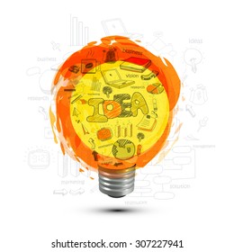 Ilustración creativa de bombilla realizada por varios elementos de infografía de negocios para el concepto Idea.