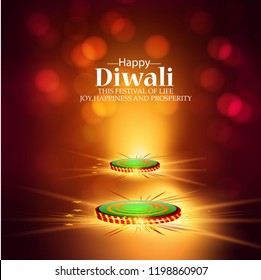 Creative illustration of burning diya with fireworks, on happy Diwali Holiday background for light festival of India. card, poster, banner