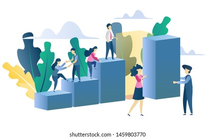 Creative illustration of business graphics, the company is engaged in the joint construction of column graphs, the rise of the career to success, flat color icons, business analysis 