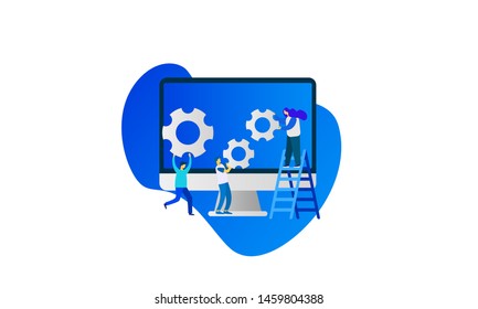 creative illustration of business graphics, the company is engaged in the joint construction of column graphs, the rise of the career to success, flat color icons, business analysis 
