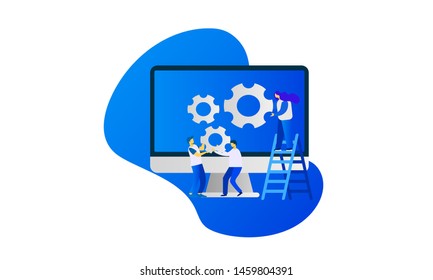 creative illustration of business graphics, the company is engaged in the joint construction of column graphs, the rise of the career to success, flat color icons, business analysis 