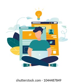 creative illustration of business graphics, designer freelancer conducts site analytics. and makes a creative design project by developing a concept. design web graphics design flat person sear vector