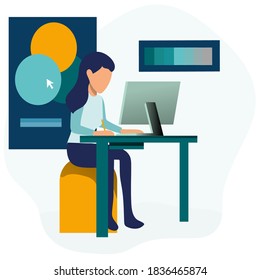 Creative illustration of business graphics, designer freelancer conducts site analytics  and makes a creative design project by developing a concept. Design web graphics design flat person sear vector