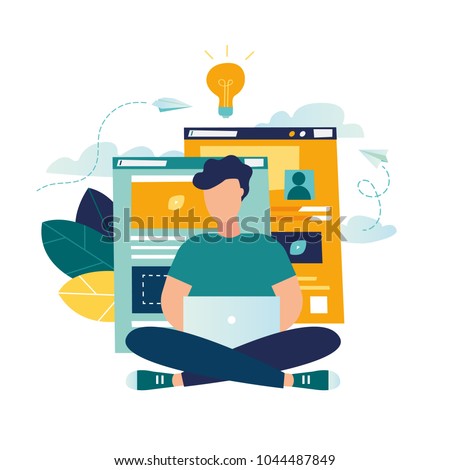 creative illustration of business graphics, designer freelancer conducts site analytics. and makes a creative design project by developing a concept. design web graphics design flat person sear vector