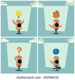 Creative illustration of a businessman character in different position.