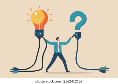 "Creative illustration of a businessman connecting ideas to solutions, symbolized by a glowing light bulb and a question mark.
 Concept of innovation, problem-solving, and brainstorming."