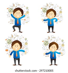 Creative illustration of businessman in different avatar with various business infographic elements.