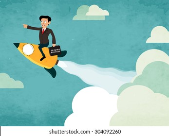 Creative illustration of a businessman flying on rocket and holding growing business bag for start up.