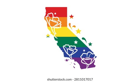 A creative illustration of the California map outline filled with a vibrant rainbow pride flag gradient and decorated with white line art flowers and stars.