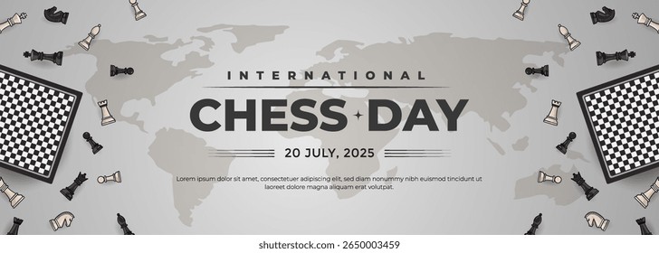 
A creative illustration celebrating International Chess Day with chess pieces around a world map.