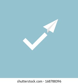 Ilustración creativa del símbolo de marca de verificación como el rastro de un plano de papel, símbolo de viaje internacional, sobre fondo azul