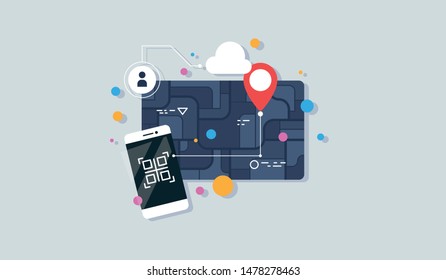Creative illustration of city map navigation on phone. Vector illustration.
