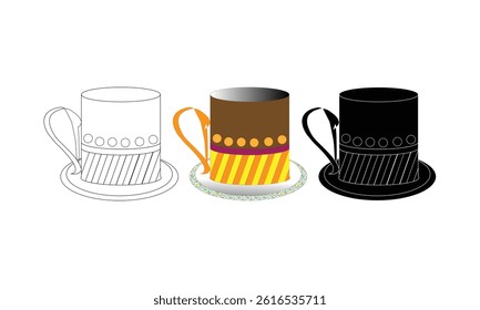 Creative illustration of coffee cups featuring colorful designs, outlines, and various presentations, emphasizing artistic and decorative styles suitable for diverse creative uses and graphic design p