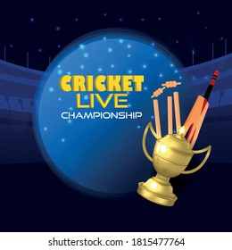 Creative illustration of cricket championship, with trophy and players bat and wicket.