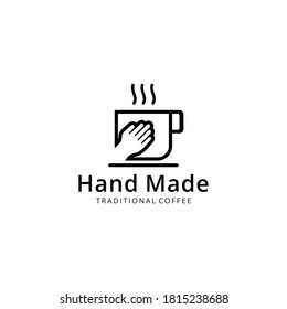 Creative illustration cup coffee with hand safe sign modern minimalist  logo design Vector