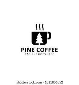 Creative illustration cup Coffee with pine tree logo design Vector sign template