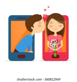 Creative illustration of cute couple in love on smartphone screen for Happy Valentine's Day celebration.