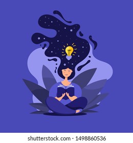 Creative illustration of cute girl in lotus position reads a book. Idea generation concept.