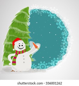 Creative illustration of cute happy Snowman and Xmas Tree on snowflakes decorated background for Merry Christmas celebration.