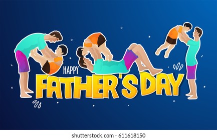 Creative illustration of dad playing with his son in different pose for Happy Father's Day celebration.