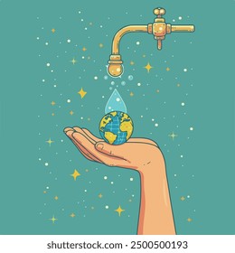 A creative illustration depicting a hand holding a miniature Earth beneath a faucet, with a drop of water falling onto the globe.