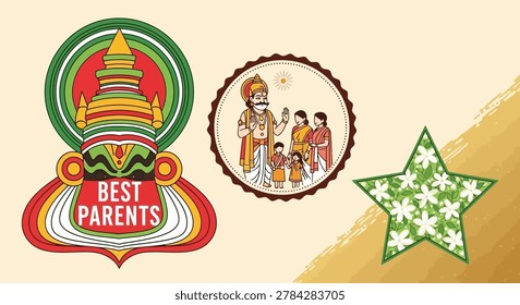 A creative illustration depicting the Matru Pitru Devo Bhava concept with a Best Parents badge, a traditional Indian family scene, and a floral star element.