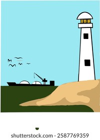 
Creative illustration design, beach scene, with a lighthouse building standing tall.